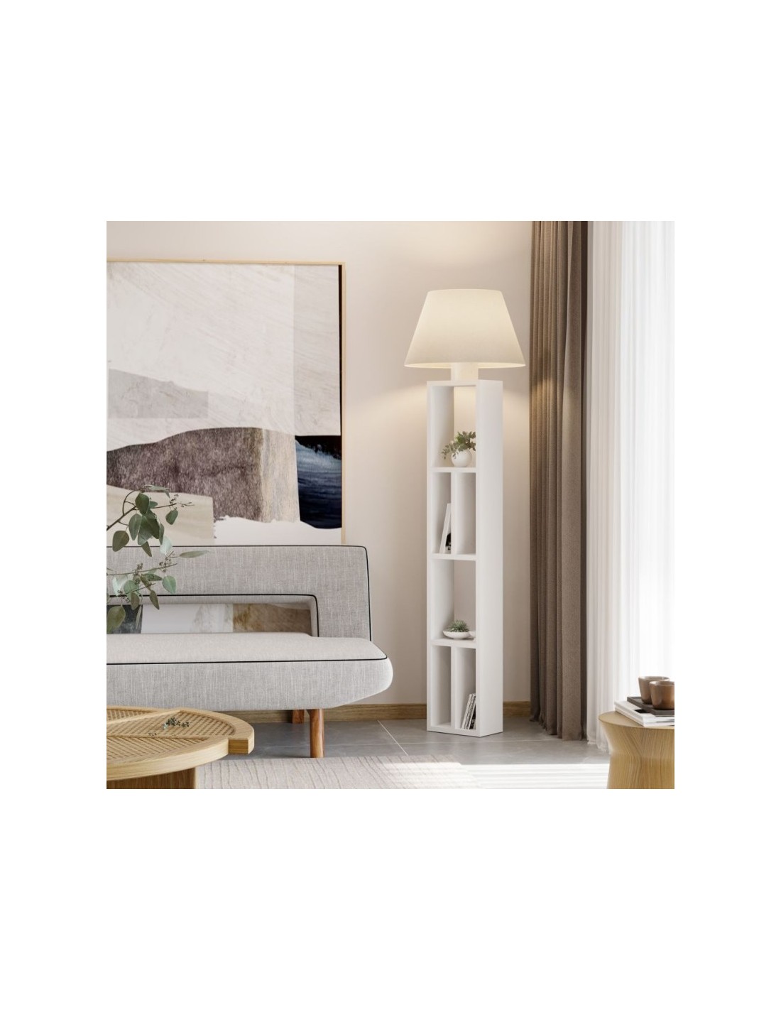 Lampada da terra in legno bianco con libreria Giorno 45x163,5