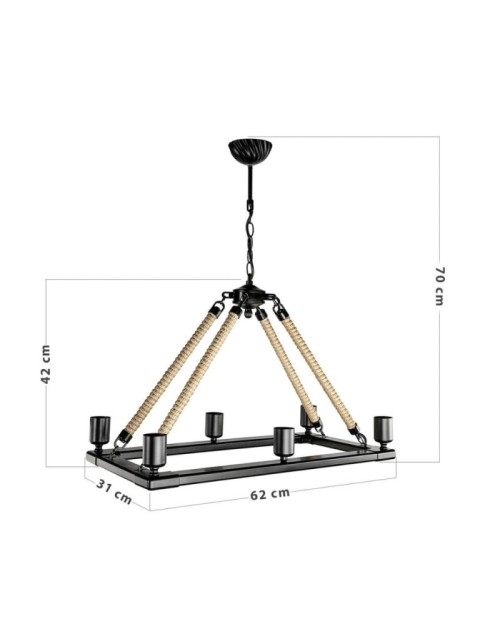 Lampada a sospensione stile retrò nera con dettagli in corda 6 punti luce Bohem ASZ0866