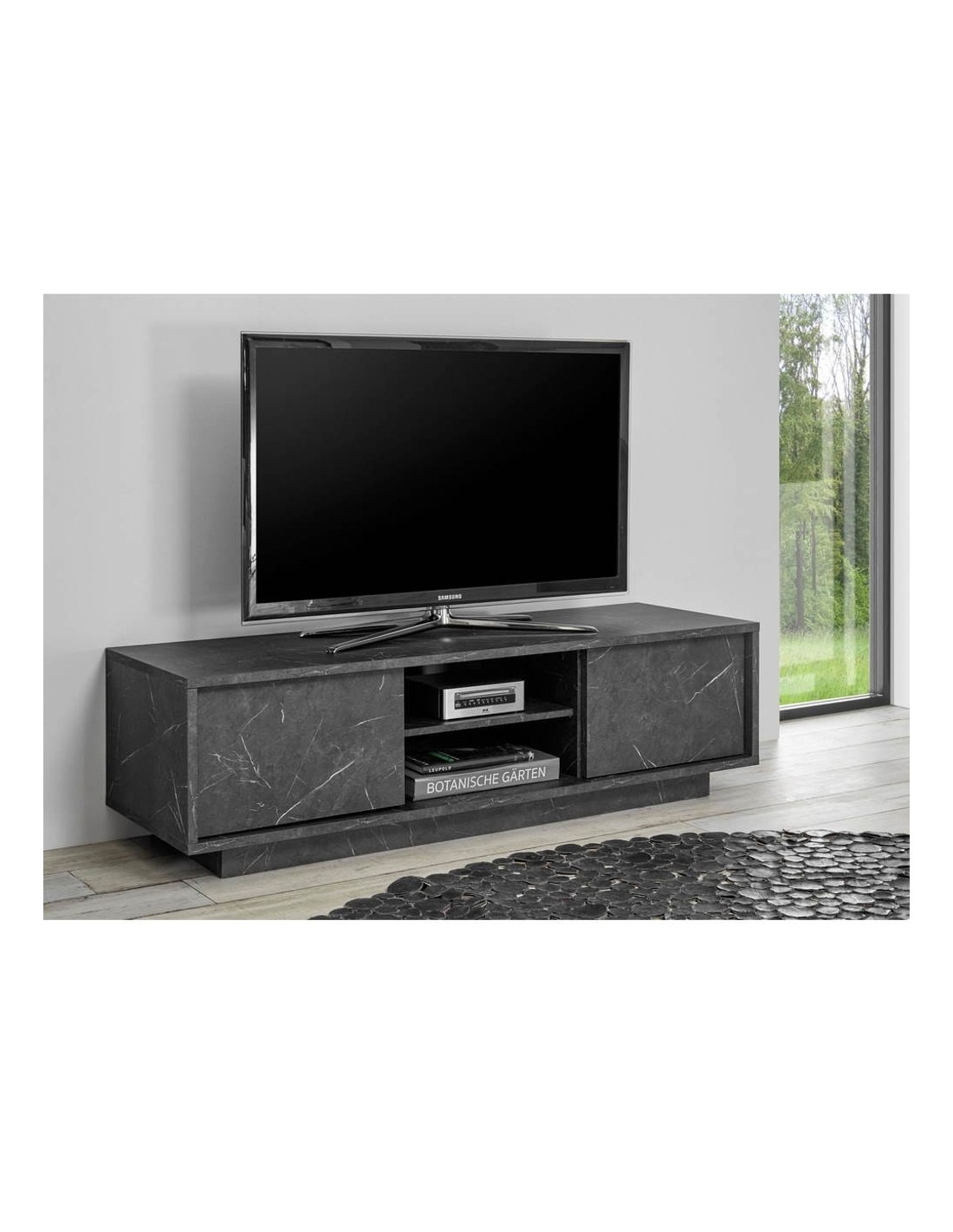 Porta TV 2 ante effetto marmo nero Rock 139x43x44h