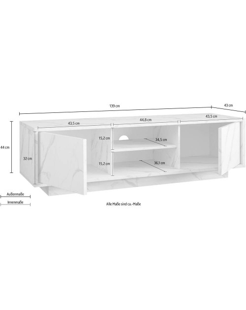 Porta TV 2 ante effetto marmo bianco Rock 139x43x44h