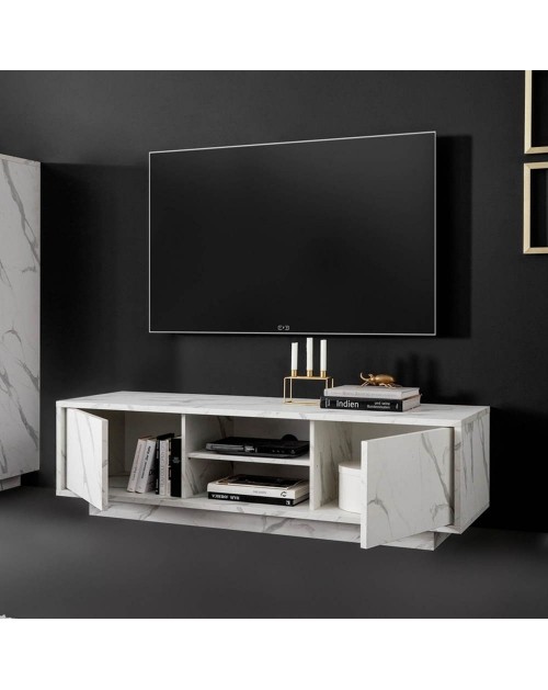 Porta TV 2 ante effetto marmo bianco Rock 139x43x44h