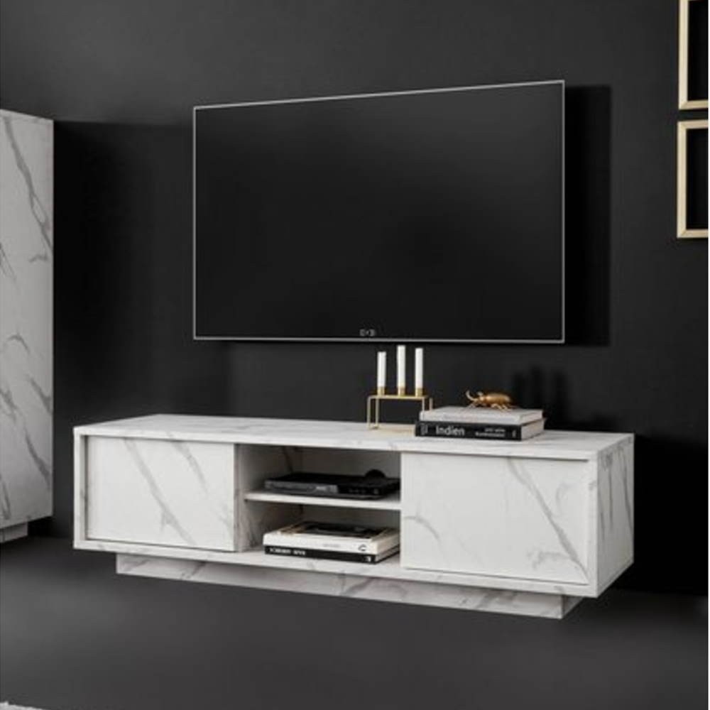 Porta TV 2 ante effetto marmo bianco Rock 139x43x44h