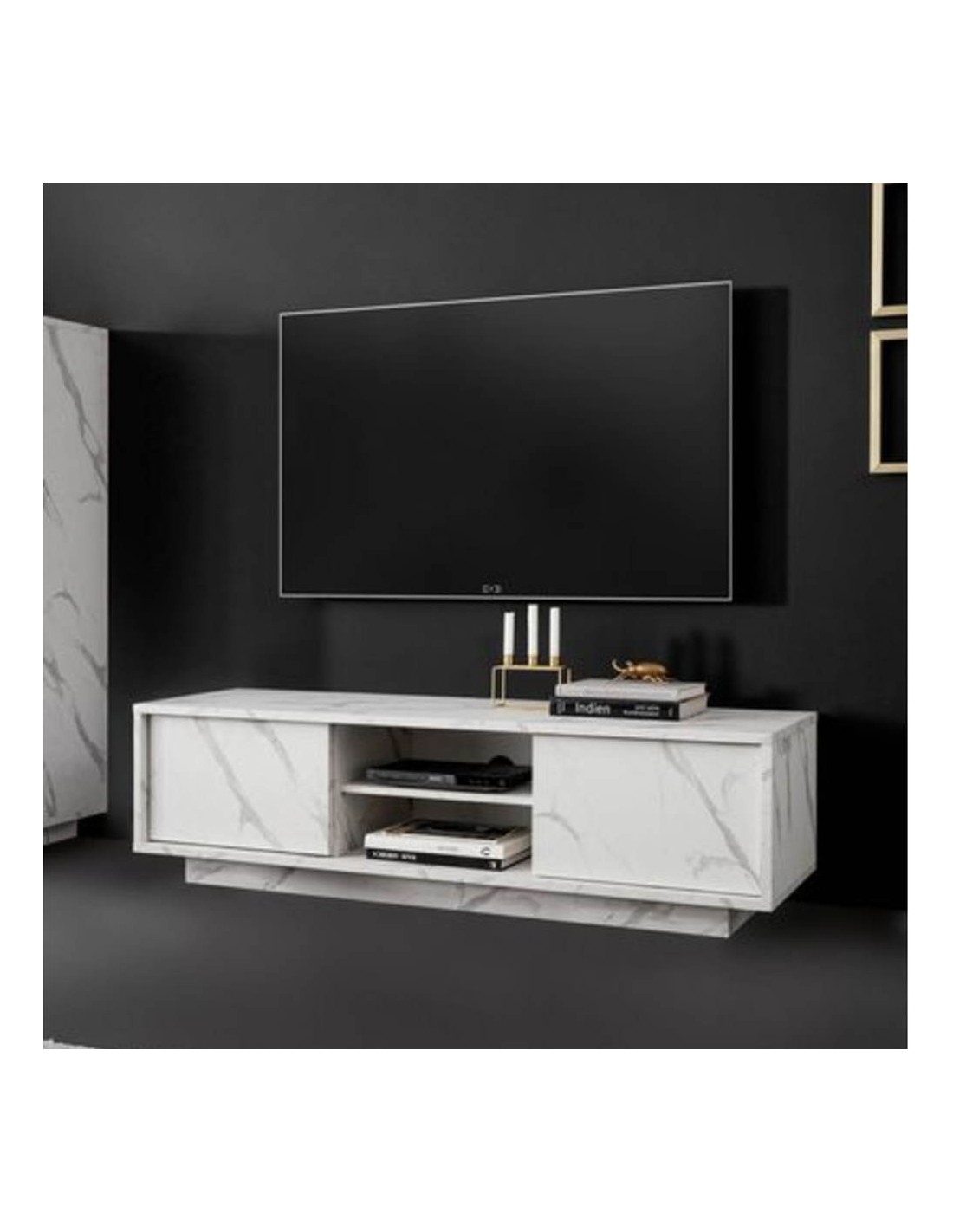 Porta TV 2 ante effetto marmo bianco Rock 139x43x44h